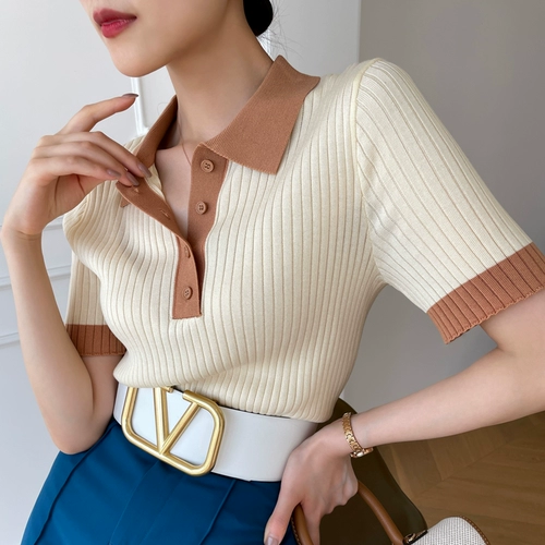 Трикотажный свитер, летняя футболка, французский стиль, воротник поло, размер