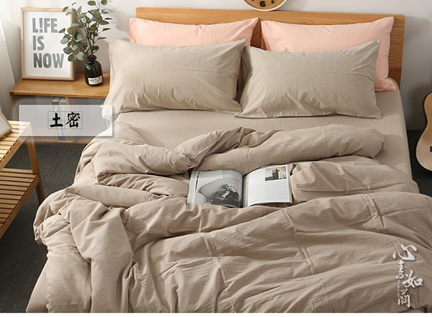 Bông rửa denim giường bông bông kẻ sọc chăn che không dán tem đơn giản bằng vải màu rắn doanh nghiệp giường mô hình khỏa thân - Bộ đồ giường bốn mảnh chăn ga gối đệm cao cấp