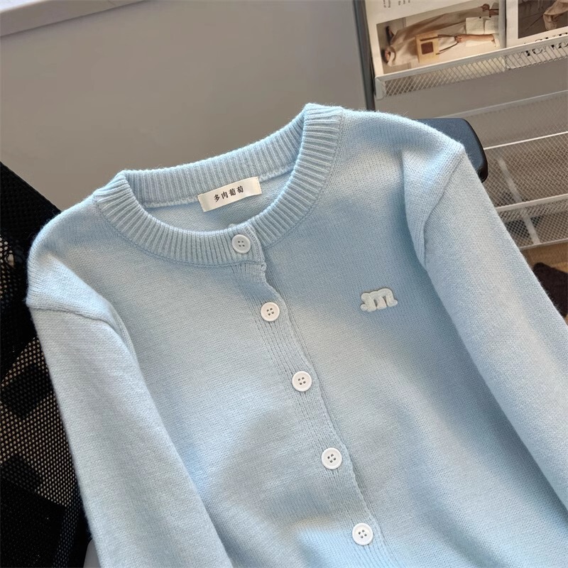 The Store Has Withdrawn Women's Milk Blue Knit Sweater, a Gentle Style Short Cardigan with a Round Neck, Loose Fit, Trendy for Spring and Autumn