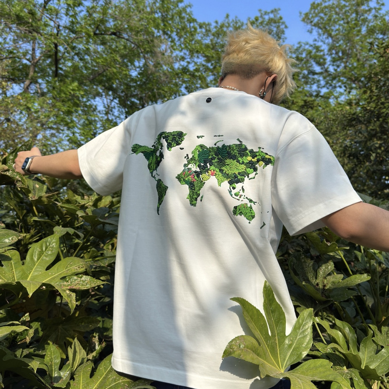 Goodbrand 2025Ss Stereo Green Plant Embroider Map Logo Loose Short-Sleeved T-Shirt for Men and Women, Same Style for Couples