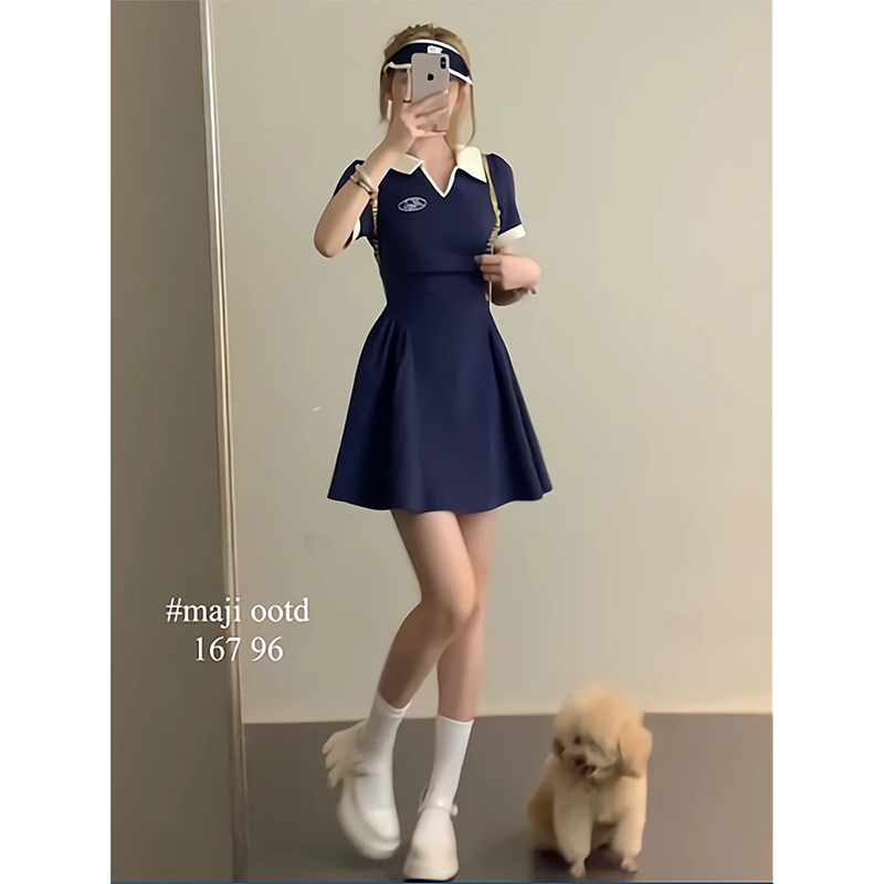 American Retro Contrasting Color Polo Collar Dress for Women in Summer, Bella Style Pleated Short Style Waist Slimming Skirt with Large Hem