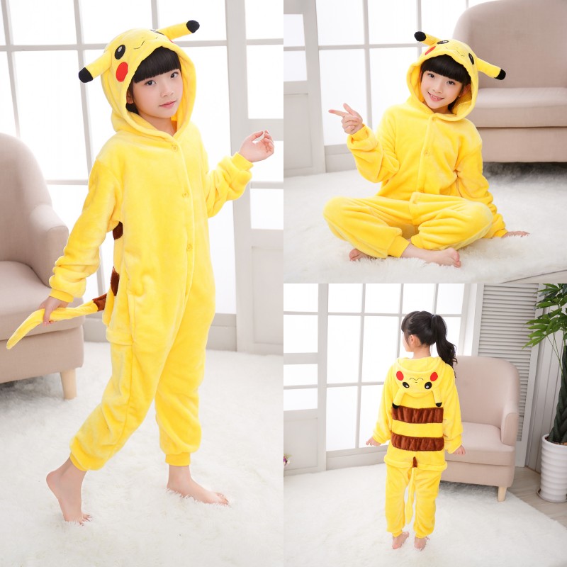 Trẻ em hoạt hình đồ ngủ động vật khủng long dính liền với bé gái lớn bé trai nam mùa thu và mùa đông dày hổ flannel Pikachu đồ bơi cho bé gái