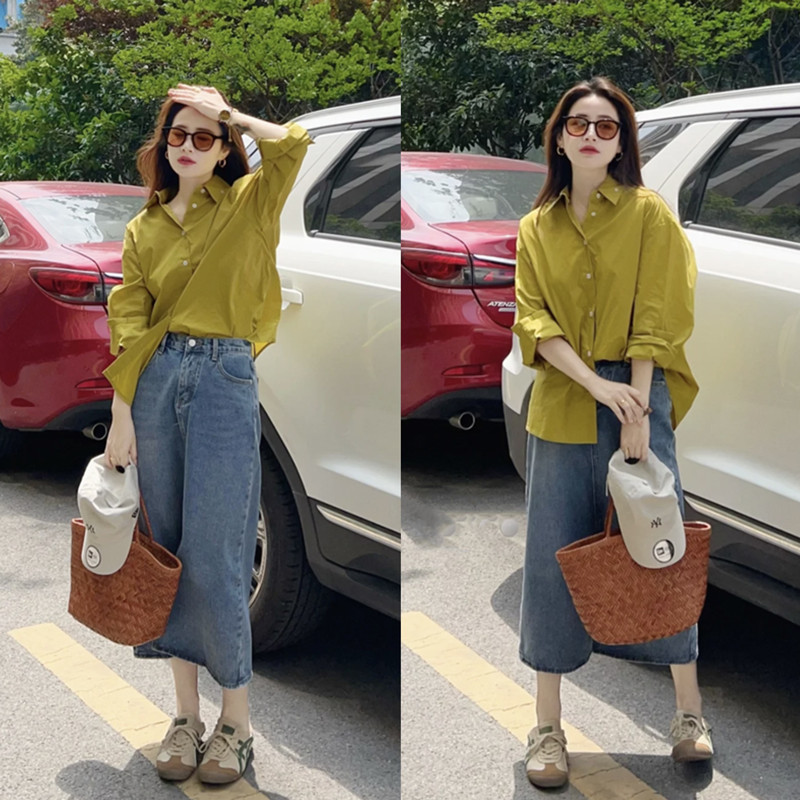 This Color Is so Bright~ It's Super Flattering, Mustard Yellow Long-Sleeved Loose Casual Women's Shirt, Perfect for a Refreshing Spring and Summer Outfit