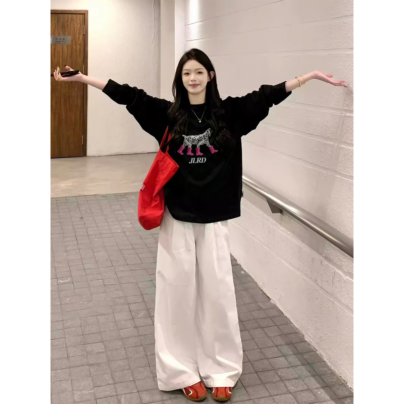 Pure Cotton American-Style Black Long-Sleeve T-Shirt for Women, Thin Autumn Base Shirt for Petite Figures, Suitable for Wearing Alone or as an Inner Layer