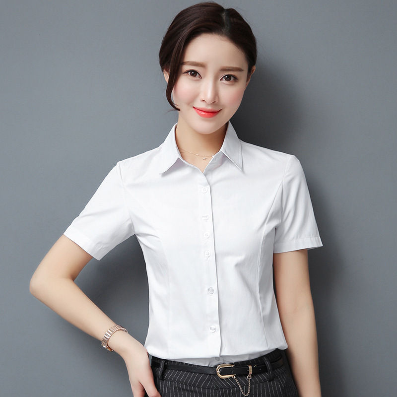 Summer Short-Sleeved Women's Slim-Fit Pure Cotton Professional Shirt Business Formal Wear Logo Ready-To-Wear Non-Iron White and Blue Shirt