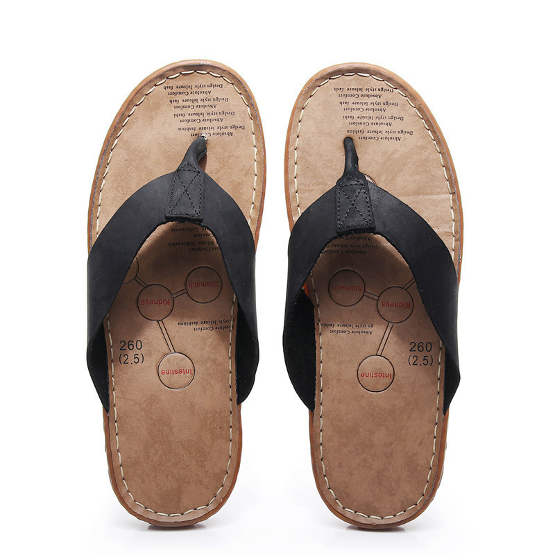 British-Style Genuine Leather Flip-Flops for Men with Beef Tendon Soles, Hand-Stitched Sandals, Breathable and Non-Slip Beach Shoes