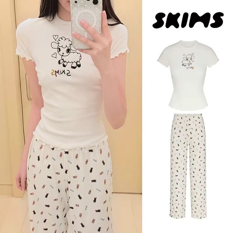 [Domestic Stock] Skims Short-Sleeve T-Shirt Easter Logo Pointelle Lamb Print Pants Set