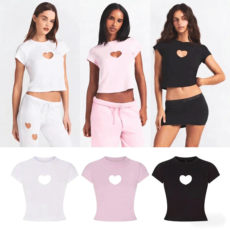 Skims Valentine's Day Limited Edition Pink Heart Cut-Out Short-Sleeve T-Shirt and Pants Jumpsuit