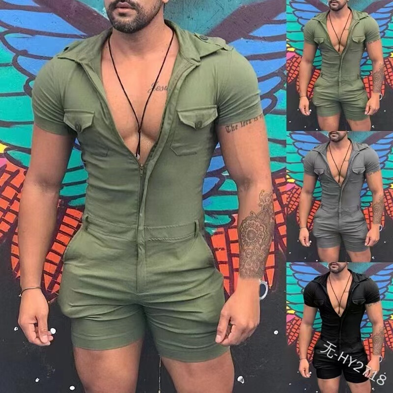 Summer Slim-Fit Zip-Up Jumpsuit for Men, Personalized Short-Sleeve Shorts Jumpsuit, Trendy and Fashionable, Plus Size for Young and Middle-Aged People