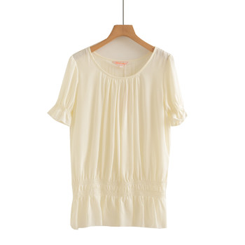 ເສື້ອຍືດແຂນສັ້ນ chiffon ຫວານຍີ່ປຸ່ນລະດູຮ້ອນມາໃຫມ່ສີແຂງແບບງ່າຍດາຍ slimming ruffled ເຄິ່ງແຂນເສື້ອ bottoming