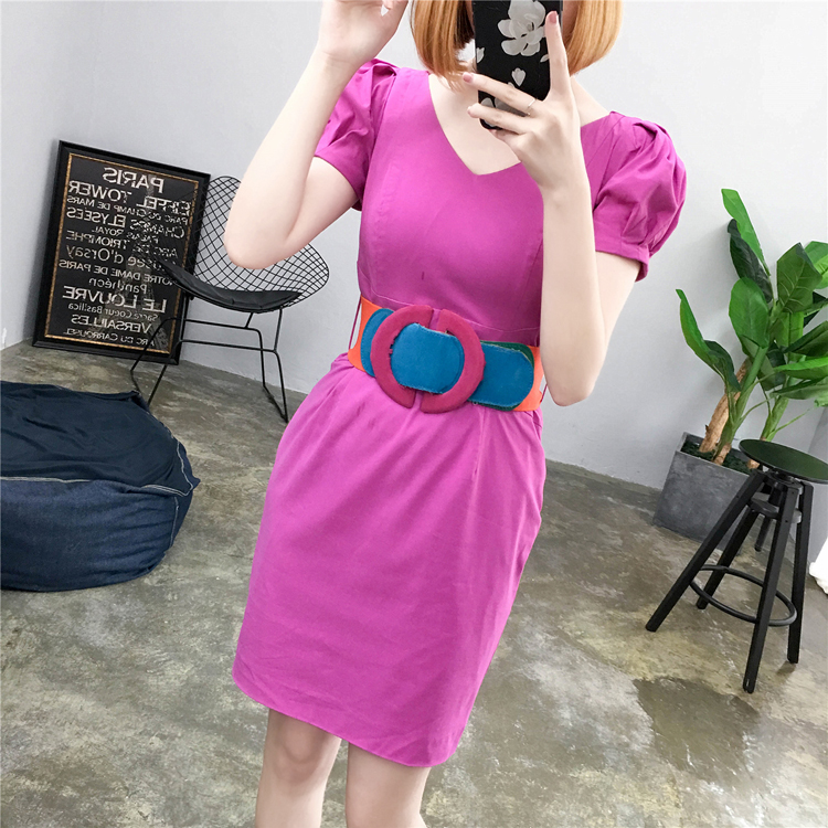 Mùa hè 2018 mới của phụ nữ khí chất đơn giản Eo thon thời trang eo cao Một chiếc váy chữ V cổ váy bong bóng tay ngắn 	váy ôm eo xòe	