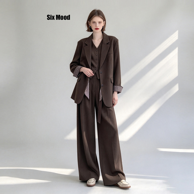 Sixmood High-End Brown Three-Piece Suit for Women, Autumn Blazer, Vest, Drapey Wide-Leg Pants, Commuter Suit Sixmood High-End Brown Three-Piece Suit for Women, Autumn Blazer, Vest, Drapey Wide-Leg Pants, Commuter Suit