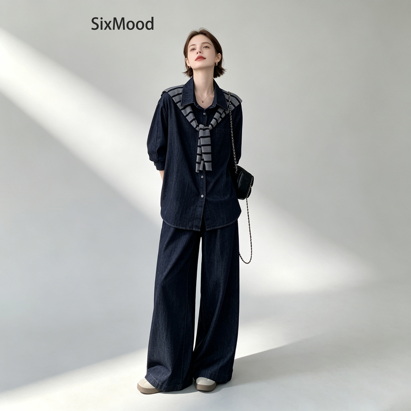 Sixmood Korean Style Lazy Denim Suit for Women, Autumn Shawl Shirt, Wide-Leg Pants, Casual Workwear Three-Piece Set Sixmood Korean Style Lazy Denim Suit for Women, Autumn Shawl Shirt, Wide-Leg Pants, Casual Workwear Three-Piece Set