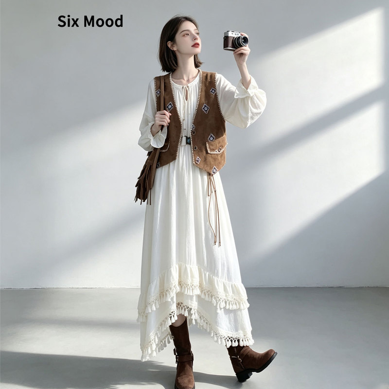 Sixmood Retro Ethnic Style Vest Dress Set, Unique and Beautiful Bohemian Vacation Outfit for Autumn