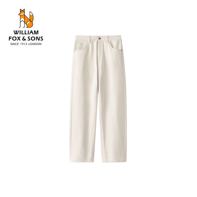 [Flowing Star Diamond] William Fox 2026 Spring New Style Rhinestone Design Straight-Leg Pure Cotton White Jeans