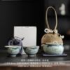 Antique blue and white ceramic travel tea set small set Tianqing Ru Kiln one pot two cups outdoor portable quick cup set