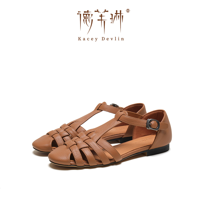Dovelin Deerskin Shoes Summer Hollow Flat Toe Roman Flat Sandals Versatile Round Toe Retro Brown Kd3133