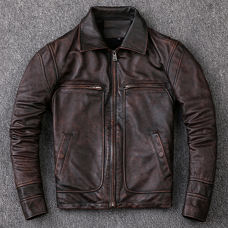 Da gia súc nặng lớp da retro cũ da da nam ngắn ve áo kích thước lớn áo khoác da xe máy áo khoác adidas