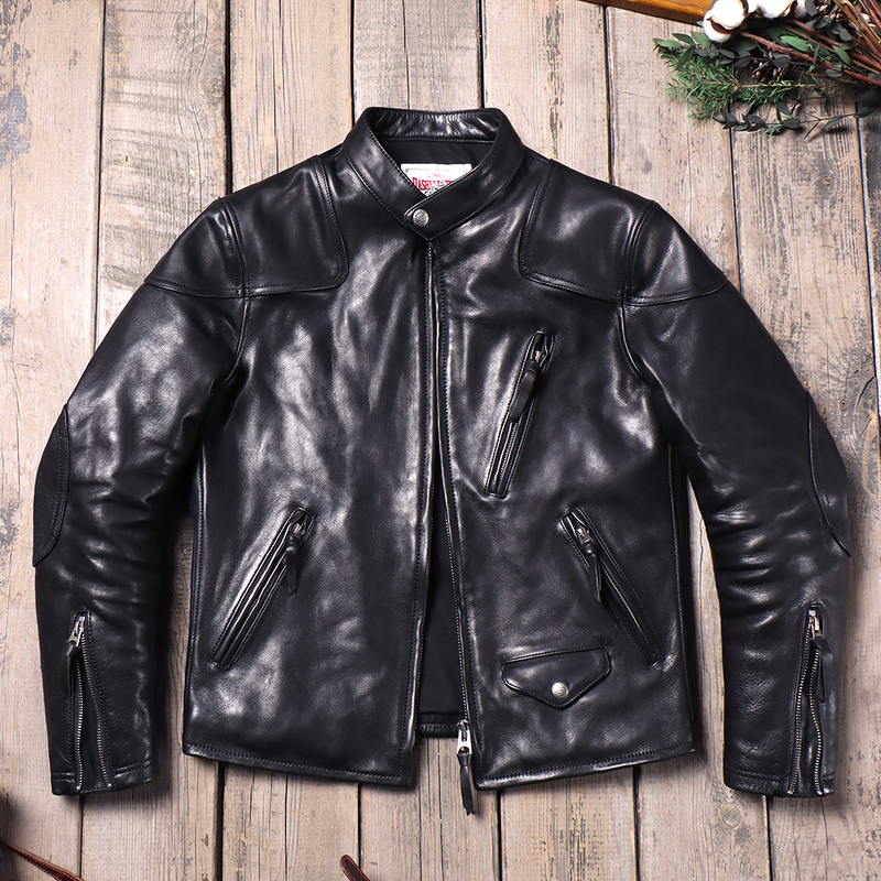 Uncoated Vegetable-Tanned Calfskin Leather Motorcycle Jacket, Washed Classic Stand-Up Collar American Retro Genuine Leather Men's Leather Jacket