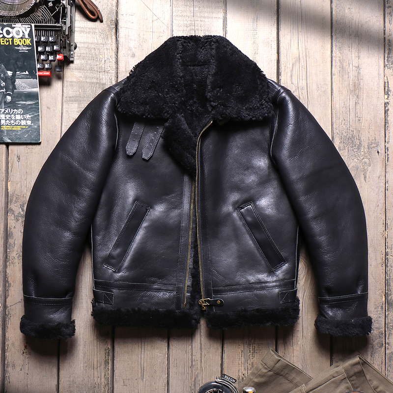 Original Ecological Fur All-In-One Men's B3 Flight Suit Genuine Leather Real Fur Goatskin Lapel American Motorcycle Leather Jacket
