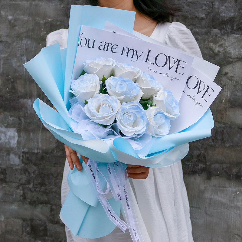 Net Red Crushed Ice Blue Rose Emulation Soap Flowers Bouquet Birthday Gifts Send Girlfriend Girlfriends Valentine's Day Graduation Season Photo