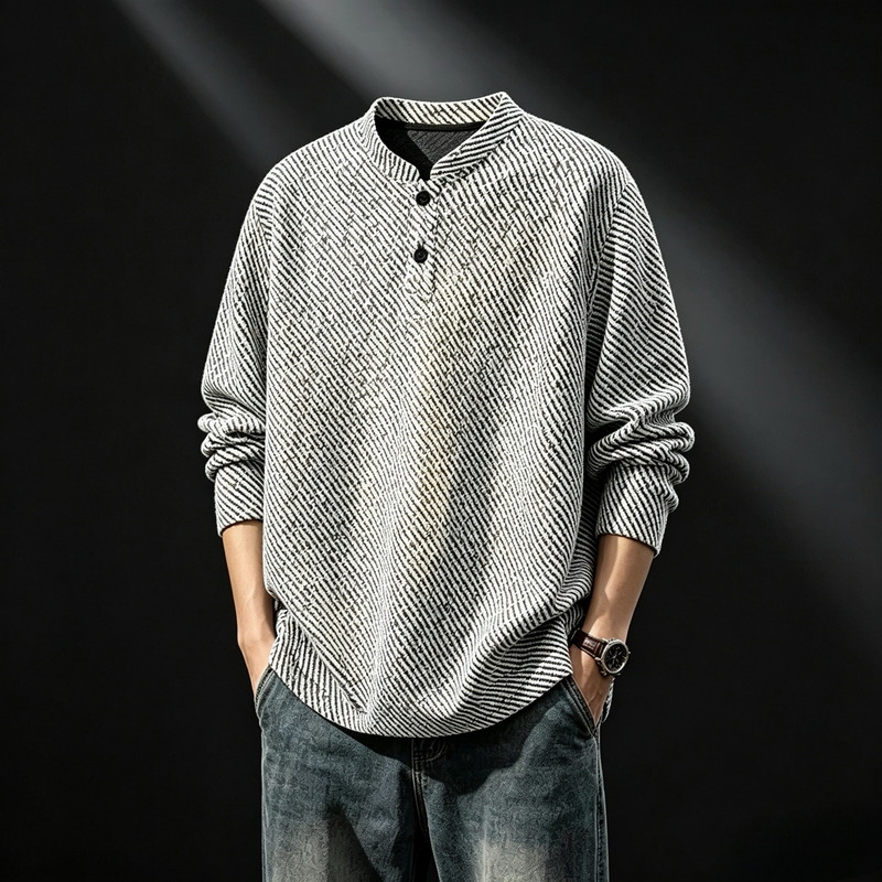 Retro Contrasting Color Twill Henley Collar T-Shirt for Men, Autum Textured Sweatshirt, Loose Casual Pullover Knitted Top Retro Contrasting Color Twill Henley Collar T-Shirt for Men, Autum Textured Sweatshirt, Loose Casual Pullover Knitted Top