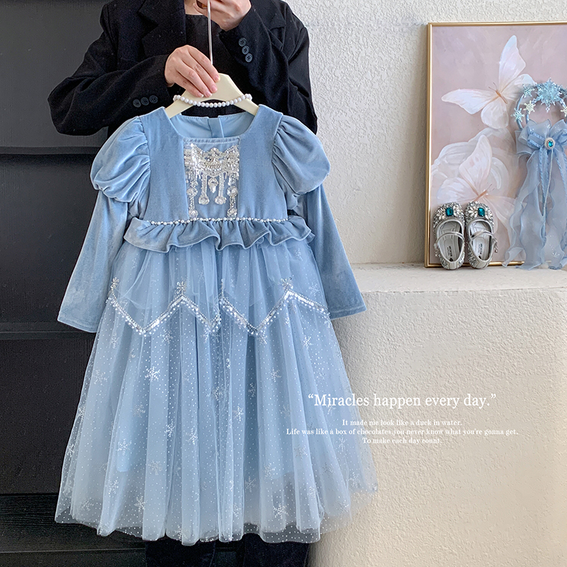 Girls' Elsa Princess Mesh Dress 2026 Autumn Collection Little Girl's Stunning Elsa Puffy Dress Birthday Gown Dress