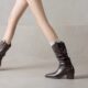 Italy Corso Venezia~French-Style Pointed Toe Chunky Heel Short Boots, Vintage Genuine Leather Patchwork Stretch Slim Boots