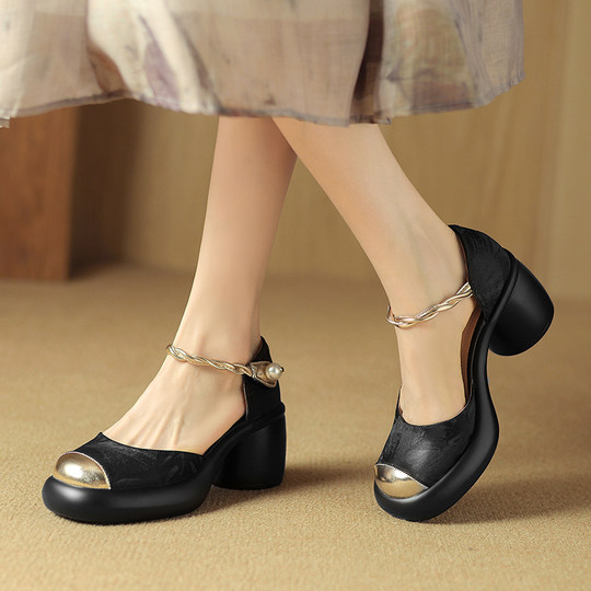 Italy Corso Venezia~High-Heeled Thick-Soled Closed-Toe Sandals for Women, Chunky Heel, Round Toe, Single Strap Roman Sandals