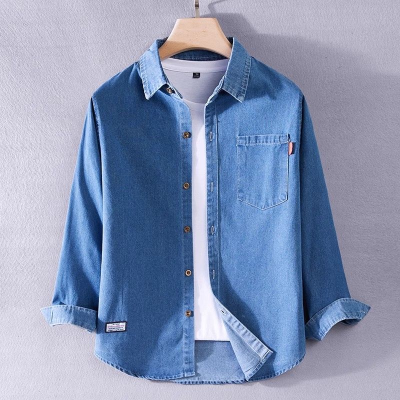 2026 Spring and Autumn New Denim Shirt for Men, Japanese Style Loose Fit Turn-Down Collar Jacket, Trendy Brand Pocket Top, Men's Outerwear