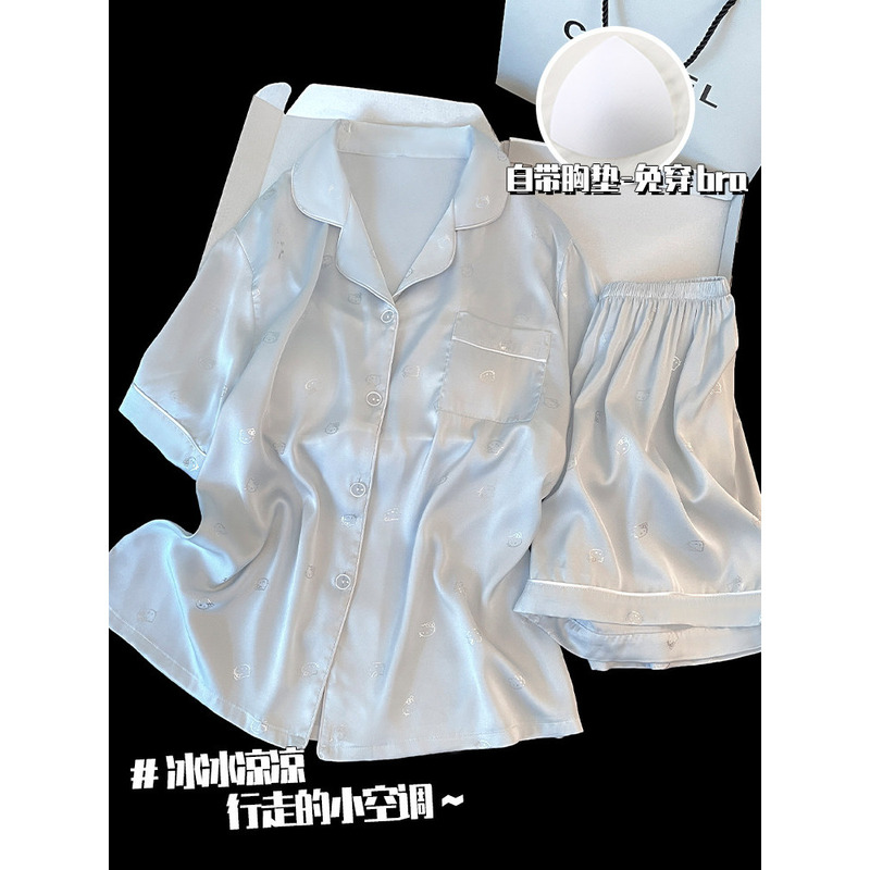Summer New Style Ice Silk Cool and Cute Pajamas, Large Size, Thin, with Chest Pads, Anti-Exposure, Can Be Worn Outside, Home Wear Set