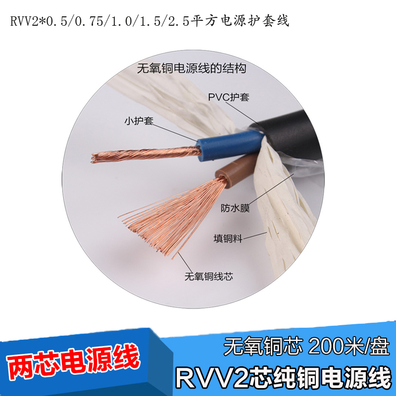 National standard pure oxygen-free copper RVV2 core 3 core 4 core × 0 5 0 75 1 0 1 5 2 5 square power sheath wire