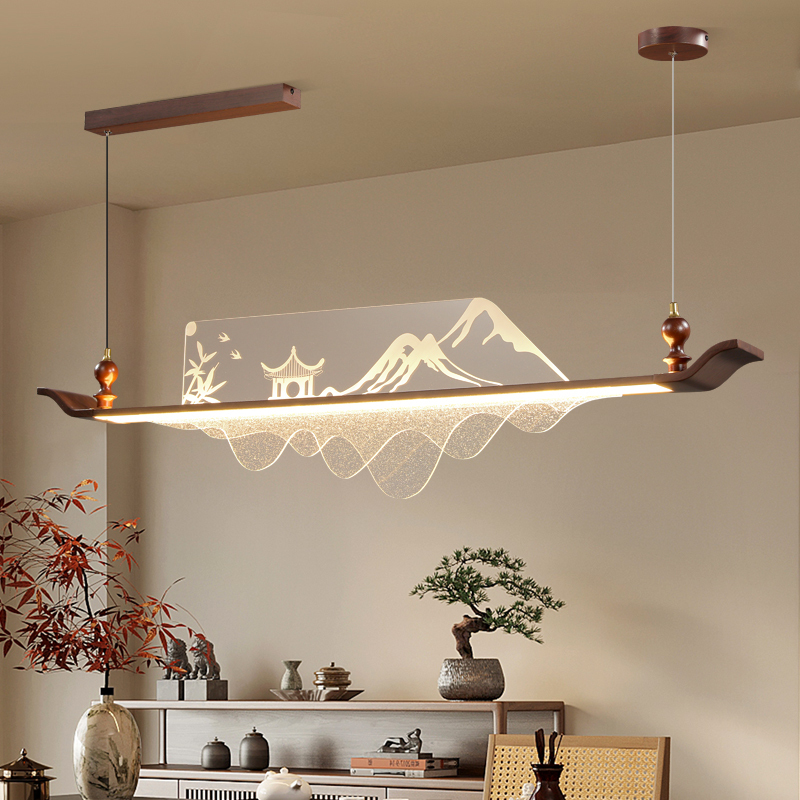 Song-Style Aesthetics, New Chinese-Style Tea Room Chandelier, Zen Landscape Long Strip Dining Room Bar Island Lamp, Song-Inspired Study Room Lighting