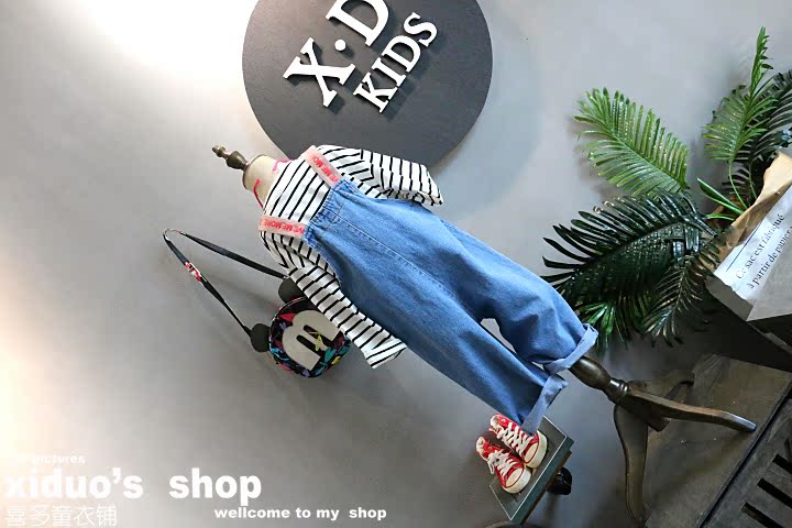 Trẻ em hàn quốc của quần áo 2018 mùa hè cô gái mới triều fan denim lỏng thư bib dây đeo vai rộng chân bib