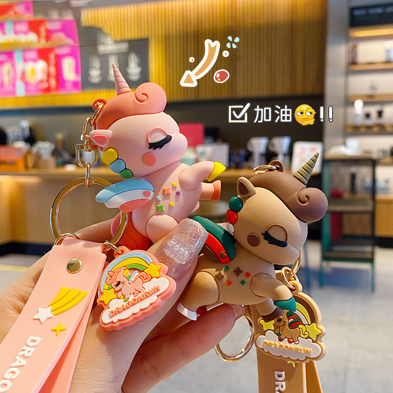 Cute 3D Soft Rubber Rainbow Unicorn Doll Keychain Cartoon Colorful Unicorn Pony Pendant Bag Charm
