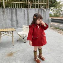 Girls Woolen Coat 2022 Winter New Korean Style Red Woolen Coat Fashionable and Western Style Mid-Length Padded Childrens Clothing