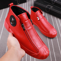 High shoes mens ins shaking sound Net red casual shoes Tide mens shoes short boots red plus velvet zipper sports Korean version of board shoes