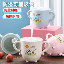Childrens wheat straw binaural water cup with straw covered 280ml infant training drinking cup milk resistant to fall