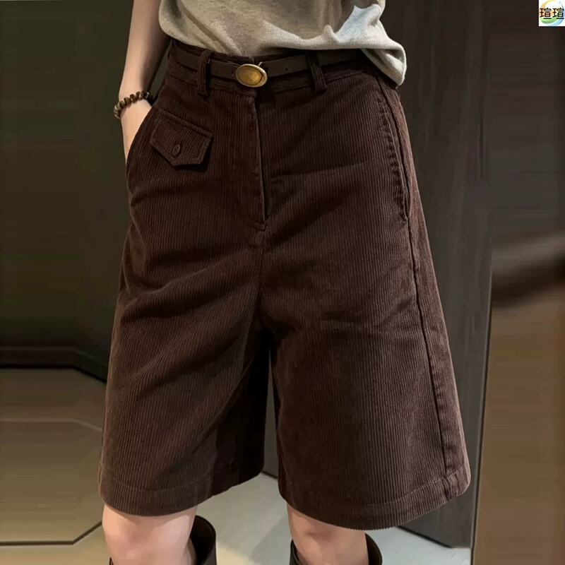 [with Belt] Maillard Autumn/Winter Vintage Corduroy Shorts for Women, New Slimming Fashionable Street Style Shorts