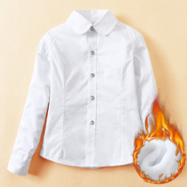 Childrens white shirt girls cotton long sleeve winter plus velvet thickened warm middle school childrens school uniform white shirt