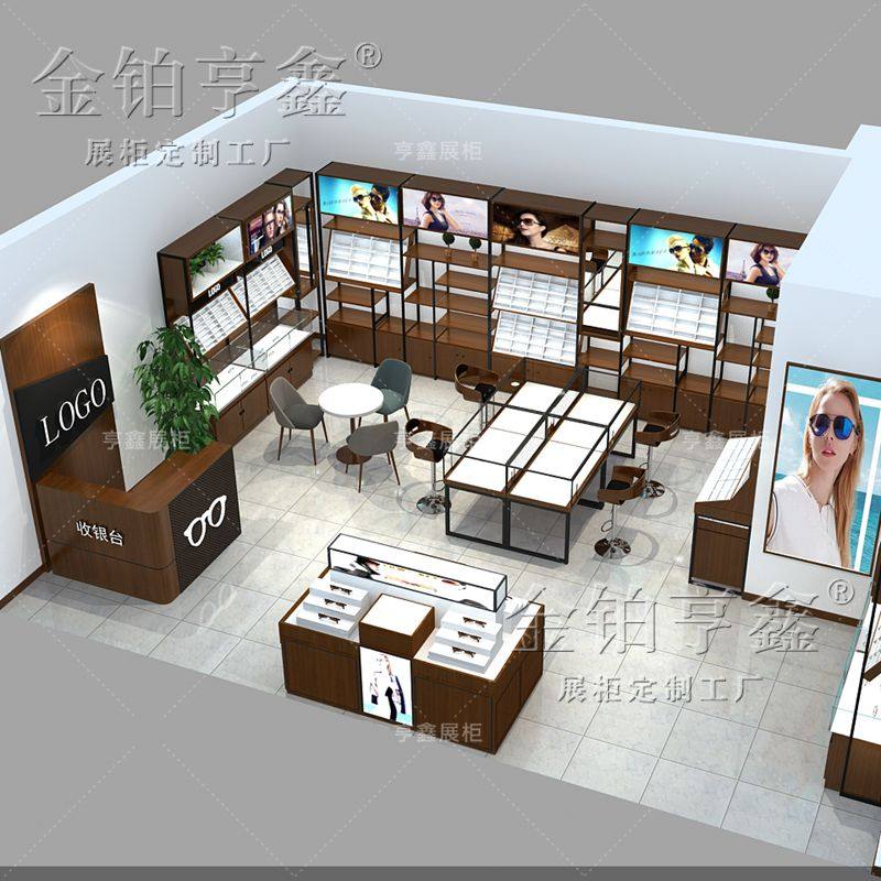 Glasses shop glasses counter custom glasses display shelves Iron wood combined with vertical glasses high cabinet Whole shop decoration