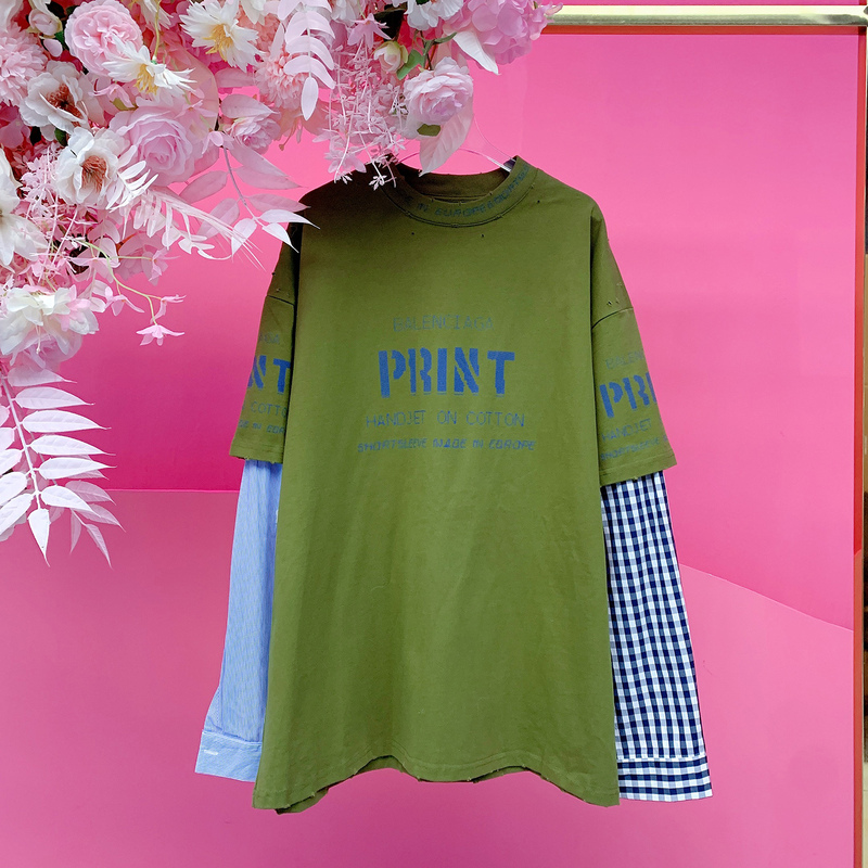 X22926 European and American Designers 2026 Spring New Printed Letter Fake Two-Piece Pullover Casual Loose T-Shirt for Women