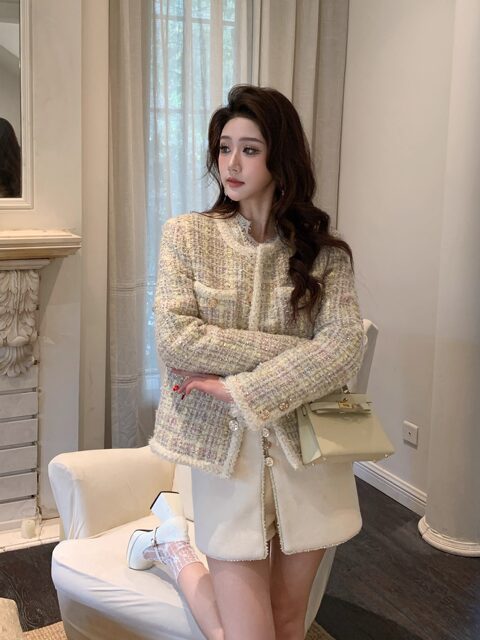 Hollinna Colorful Thread Woven Wool Chanel-Style Jacket for Women, Autumn and Winter 2025 New Model, Quilted and Thickened, Rich Lady Style