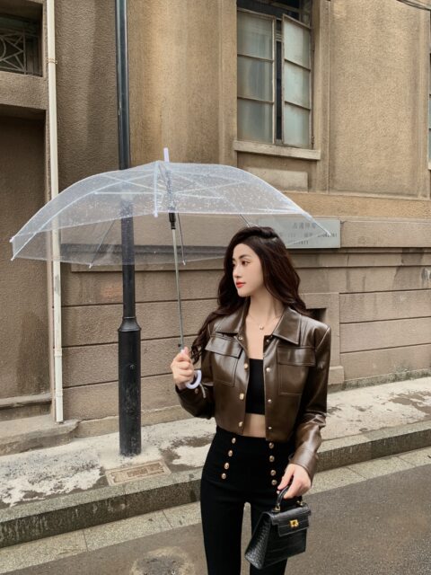 Hollinna Short Brown Leather Jacket for Women, Spring and Autumn 2025 New Style, Stylish and Slimming, Retro Biker Jacket for Women