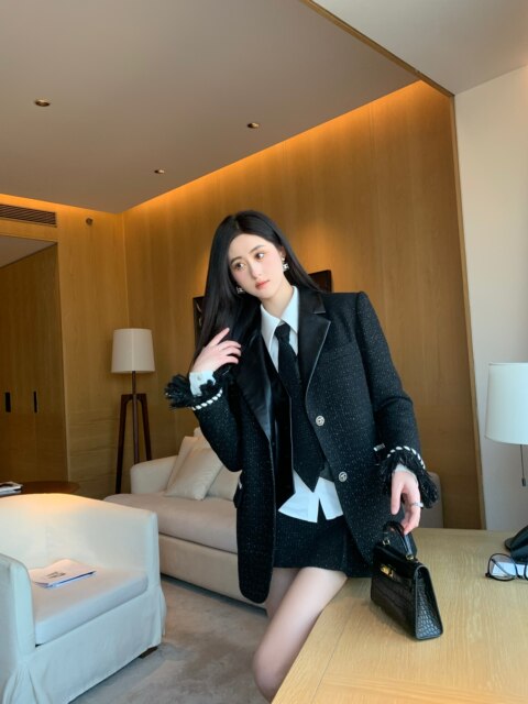 Hollinna Black down Wool Blazer Women's Autumn and Winter 2025 New Thickeneded Fake Two-Piece Casual Suit