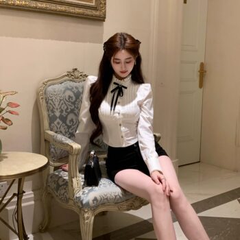 Hollin Bow Tie Slim Long-Sleeved Shirt for Women, Spring and Autumn 2025 New Style, Waist-Cinching, Slimming, Versatile, High-End Shirt