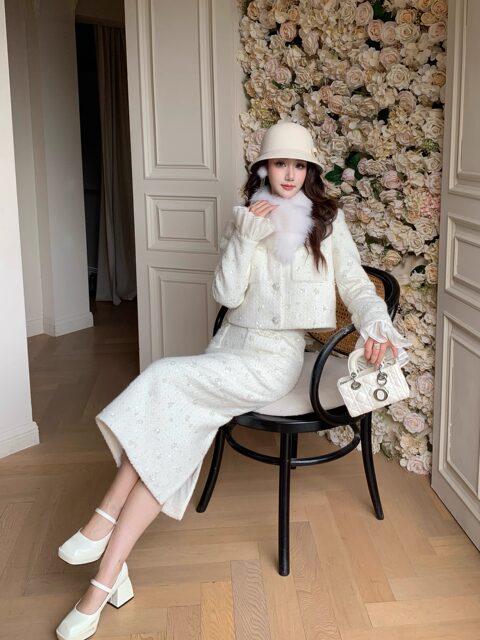 Hollinna Rich Girl Wool Tweed Style Suit Dress for Women Autumn and Winter Socialite Style Sequined Tweed Two-Piece Set