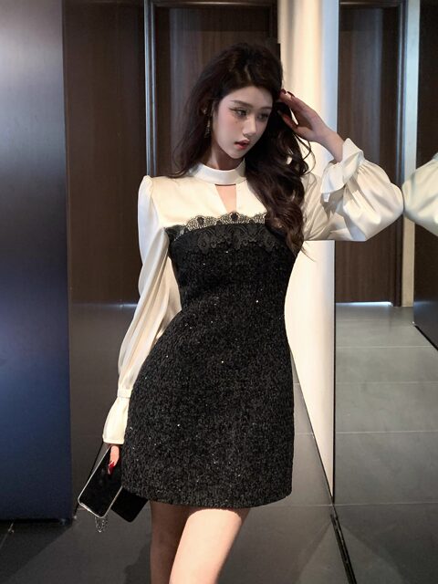 Hollin Patchwork Long-Sleeved Dress for Women, Spring and Autumn 2025 New Design, Waist-Cinching, Slimming, Socialite Style Short Dress