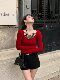 Hollinu Collar Long-Sleeved Knitted T-Shirt for Women Spring and Autumn 2025 New Lace Splicing Ladylike Style Red Base Shirt