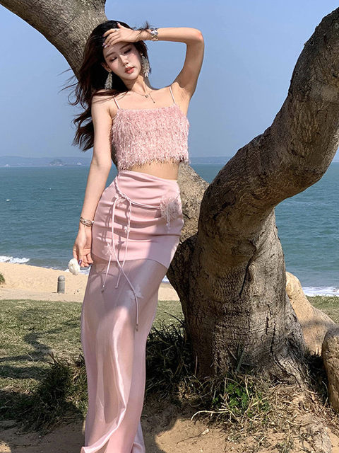 Hollinna Top with Straps, Pink Tube Top and Skirt Set for Women, New Summer Style, Beach Vacation, Socialite Two-Piece Set